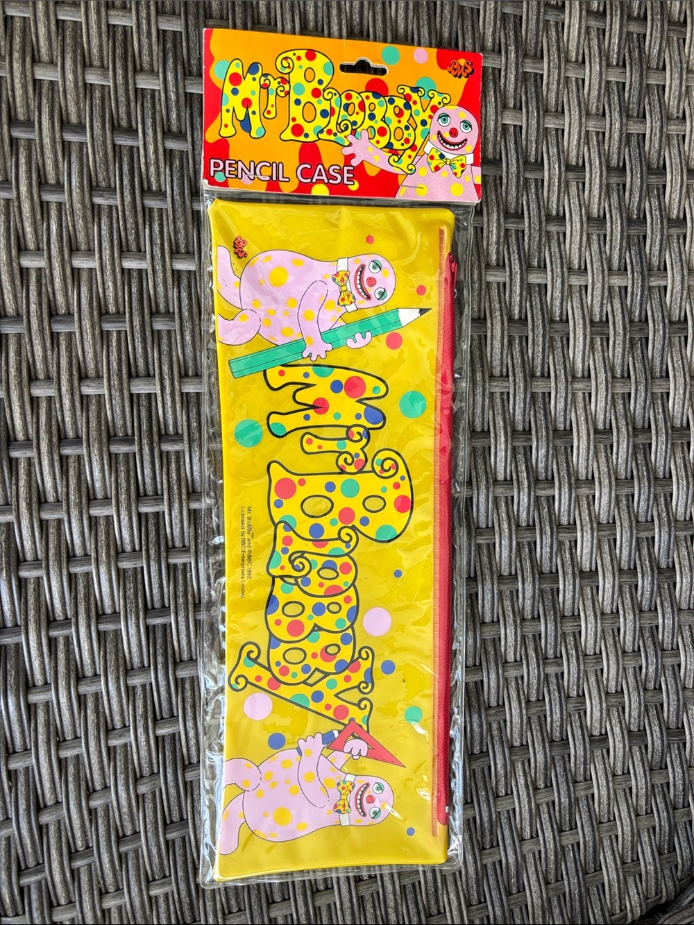 Vintage 1992 Mr Blobby Yellow Pencil Case/Pink Polka Dots in original packaging